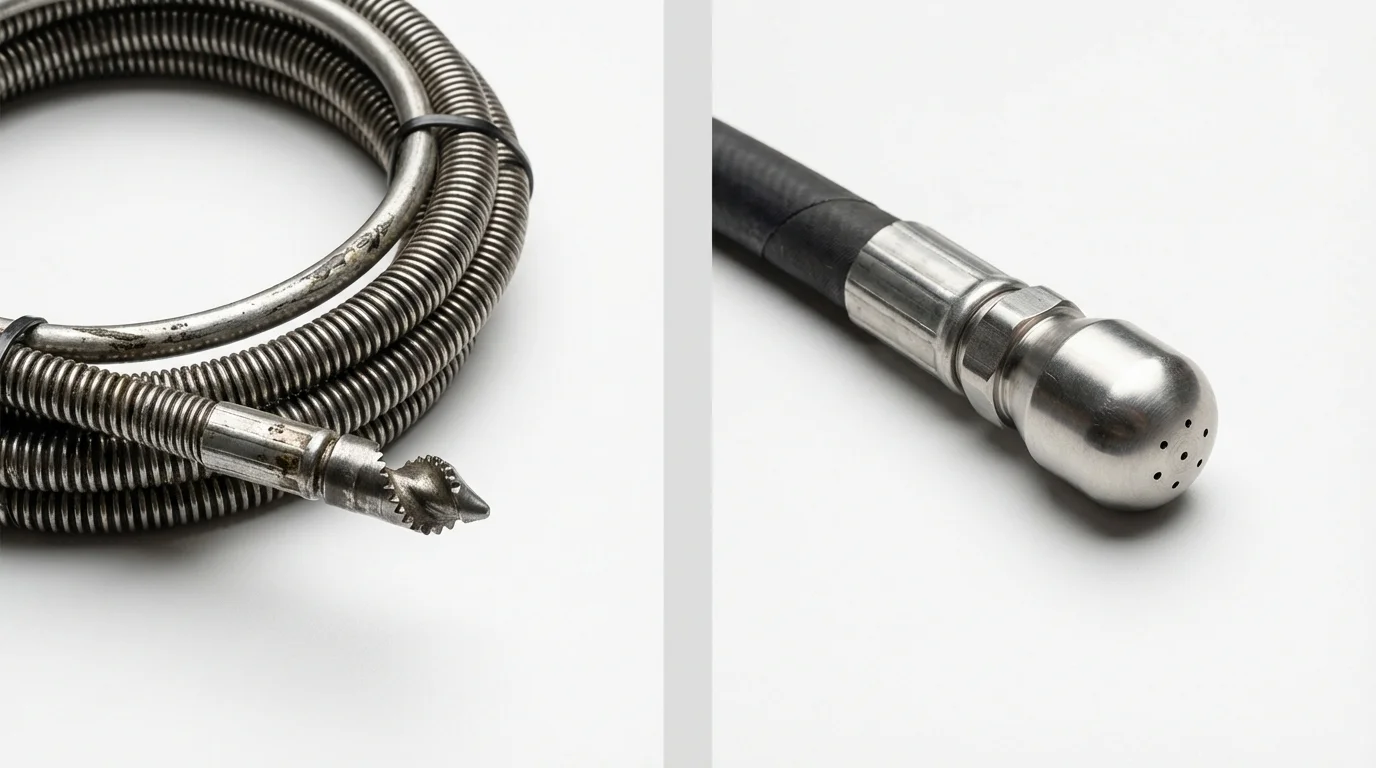 Drain snake cable and hydro jetting nozzle used for drain cleaning in Baldwin, MI