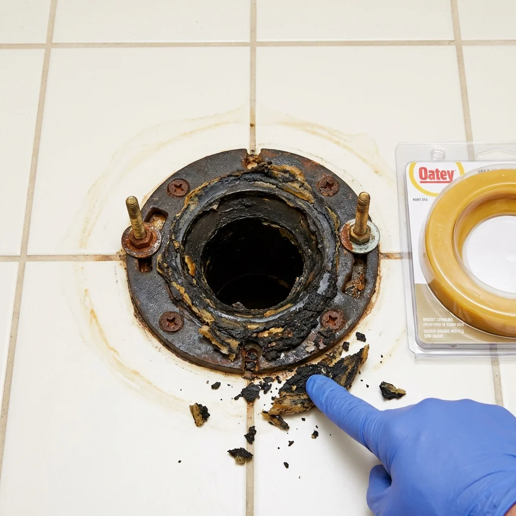 Failed wax ring showing water seepage at the base of a toilet in a Baldwin, MI home