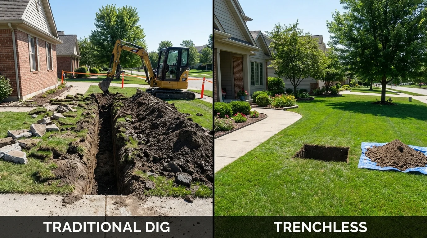 Trenchless sewer repair with minimal yard damage versus traditional excavation in Baldwin, MI